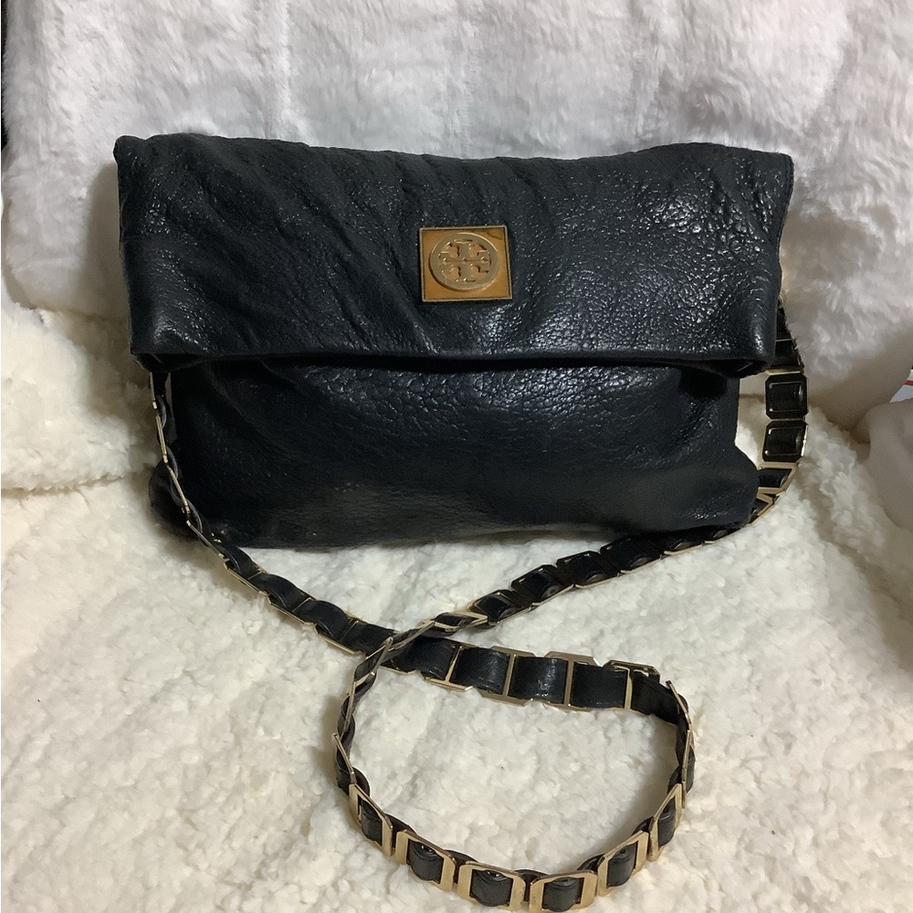 Tory Burch Black Leather Fold-Over Shoulder Bag with Gold Accent